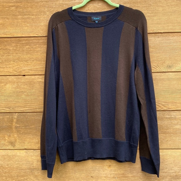Faconnable Brown and Navy Blue Vertical Stripe Merino Wool Crewneck Sweater NWT - Picture 1 of 9
